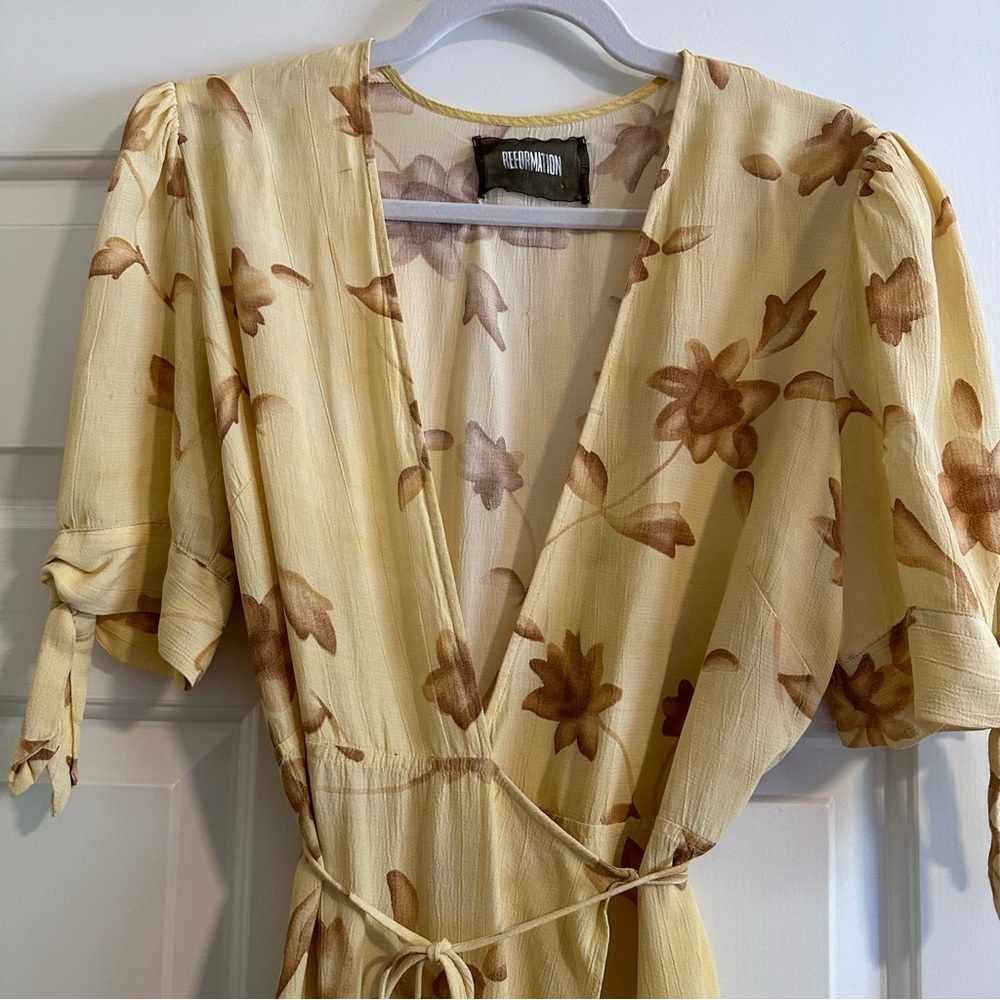Reformation Yellow Floral Wrap Long Dress